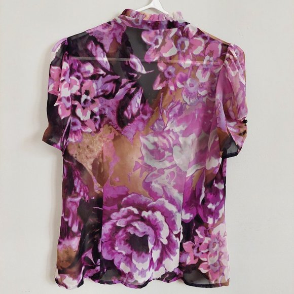 Worthington Semi Sheer Floral Blouse Plunge V-neck Ladies Fashion Tops, Size PM - Picture 5 of 7